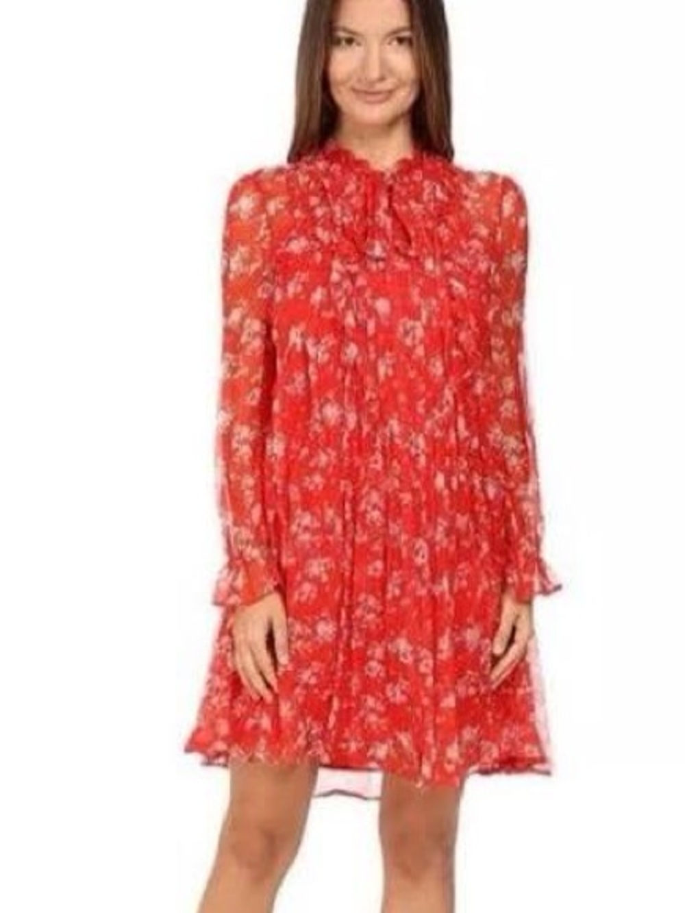 ❤️ The Kooples Red Floral Long-Sleeve Tie-Neck Dress